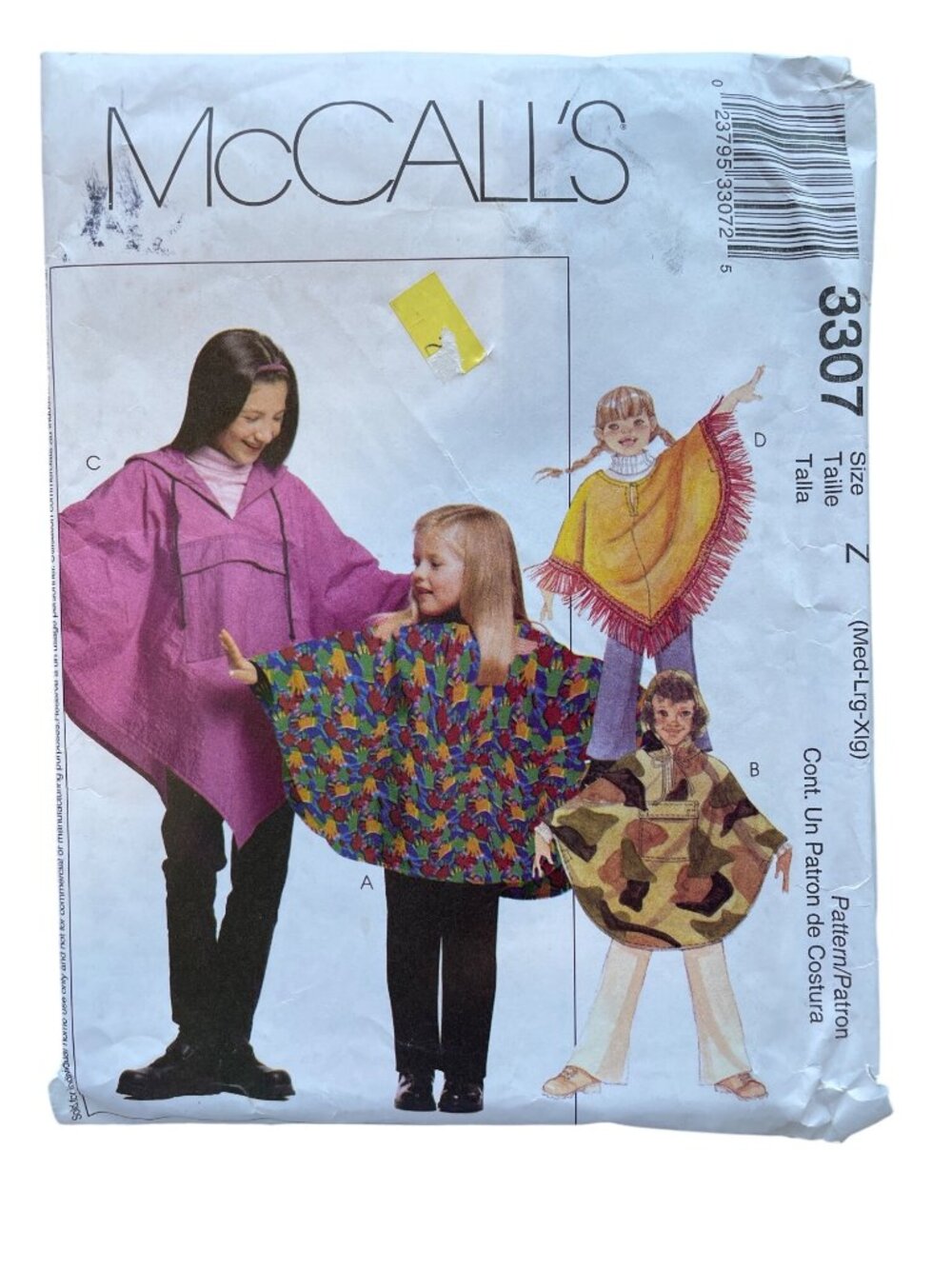 McCalls 3307 Sewing Pattern Medium Large XL Childrens Girls Ponchos & Pants CUT